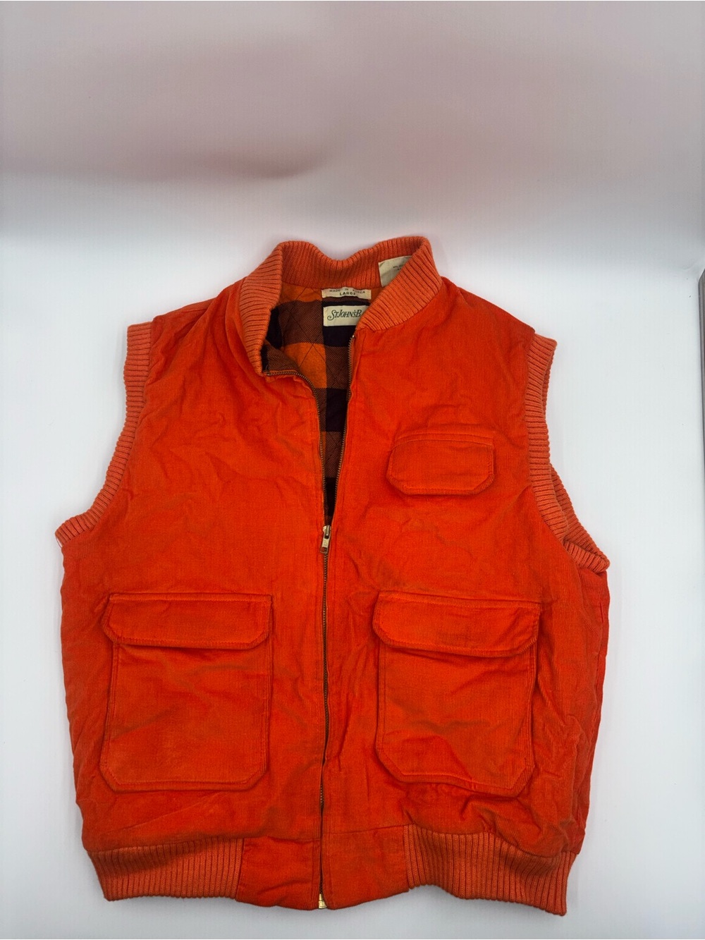 Vintage 80s St Johns Bay Corduroy Vest Mens Orange Quilt Lined Full Zip LARGE
